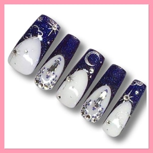 Blue Press On Nails | Moon Fale Nails | Star Fake Nails | Celestial Press Ons | Cloud Nails | Sky Nails | Night Sky Nails | Glue On Nails