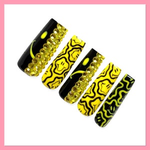 Smiley Face Press On Nails | Smiley Face Sad Face Nails | Fake Nails | Glue On Nails | Y2K Nails | Trippy Press Ons | Yellow False Nails