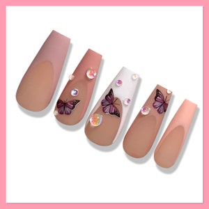 Butterfly Press On Nails | Pink  Nails | Fake Nails | Glue On Nails | French Tip Nails | Spring Press On Nails | Pink Press Ons | Summer