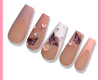Butterfly Press On Nails | Pink  Nails | Fake Nails | Glue On Nails | French Tip Nails | Spring Press On Nails | Pink Press Ons | Summer
