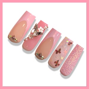 Butterfly Press On Nails | Flower Nails | Fake Nails | Glue On Nails | Spring Nails | Pink Press On Nails | Glitter Nails | French Tip