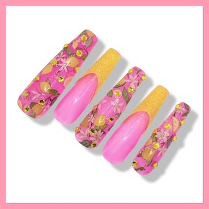 Lemon Press On Nails | False Nails | Fake Nails | Fruit Press On Nails | Pink Lemonade Nails | Glue On Nails | Almond Nails | Summer Nails