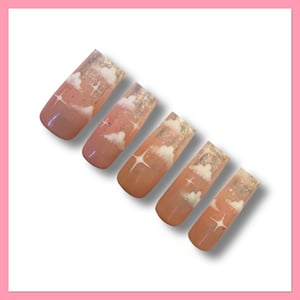 Cloud Press On Nails | Clear Fake Nails | Celestial False Nails | Sky Press Ons | Almond Nails | Glue On Nails | Sun Set Press On Nails