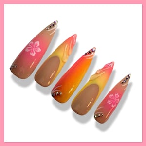 Hibiscus Flower Press On Nails | Sunset Tropical Flower Glue On Nails | Hawaiian Flower Nails | Summer Nails | Floral Nail