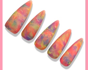 Rainbow Press On Nails | Marble Fake Nails | Swirl Press Ons | Neon False Nails | Glue On Nails | Concert Press Ons | Almond Nails