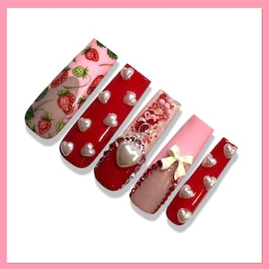 Strawberry Press On Nails | Bow Press Ons | Summer False Nails | Cottagecore Fake Nails | Fruit Nails | Heart Press Ons | Spring Nails