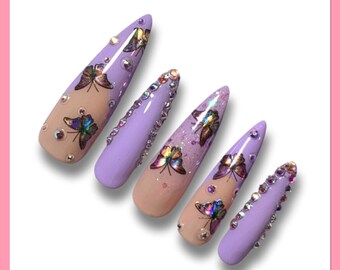 Purple Nails | Butterfly Nails | Rhinestones Nails | Fake Nails | Glue On Nails  | Press On Nails | French Tip Press On | Spring Nails