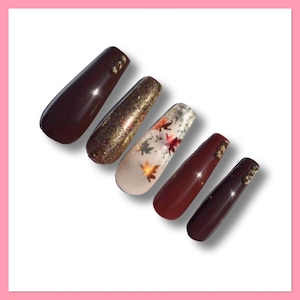 Fall Press On Nails | Autumn Fake Nails | Brown False Nails | Leaf Press On Nails | Clear Nails | Gold Fall Nail | Fake Nails | Glue On Nail