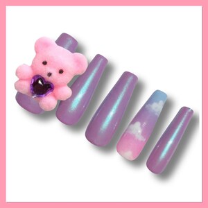 Cloud Press On Nails | Purple False Nails | Teddy Bear Press Ons | Ombre Fake Nails | Kawaii Nails | Bear Fake Nails | Cute Nails