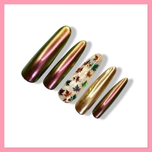 Fall Press On Nails | Autumn Fake Nails | Brown Press Ons | Leaf False Nails | Chrome Nails | Green Fall Nails | Glue On Nails