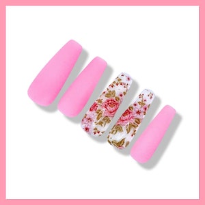 Rose Press On Nails | Floral Fake Nails | Flower False Nails | Summer Press Ons | Spring Press On Nails | Glue On Nails | Pink Fake Nails