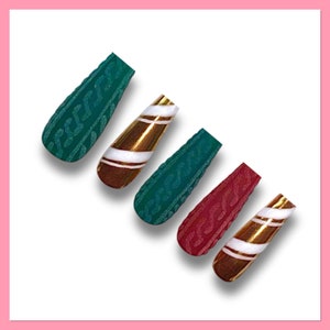 Sweater Press On Nails | Candy-cane False Nails | Christmas Press Ons | Sweater Nails  | Glue On Nails | Gold Holiday Nails