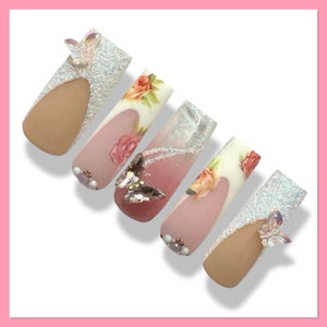 Rose Press On Nails | Spring Nails | Butterfly Press Ons | Floral Nails | Flower Nails | Pink Press On Nails | French Tip Nails