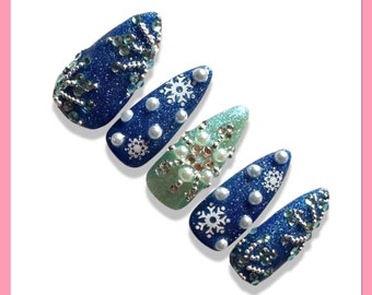 Winter Press On Nails | Snowflake Nails | Winter Holiday Fake Nails | Blue Winter Nails | Rhinestone Fake Nails | Holiday False Nails |