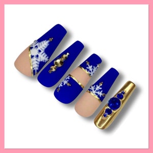 Blue Snowflake Press On Nails | Matte Fake Nails | Winter False Nails | Snowflake Press Ons | Glue On Nails | Christmas Nails | Winter Nails