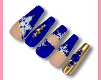 Blue Snowflake Press On Nails | Matte Fake Nails | Winter False Nails | Snowflake Press Ons | Glue On Nails | Christmas Nails | Winter Nails