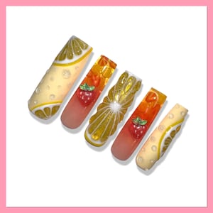 Lemon Press On Nails | False Nails | Fake Nails | Fruit Press On Nails | Pink Lemonade Nails | Glue On Nails | Almond Nails | Summer Nails