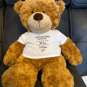Puede incluir: Un oso de peluche marr&oacute;n que lleva una camiseta blanca. La camiseta presenta el texto Penny Carol Aspin, la fecha 08/04/26, el peso 7lb 5oz, la hora 11:09am y un peque&ntilde;o gr&aacute;fico de huellas de beb&eacute;, todo impreso en tinta negra y roja.