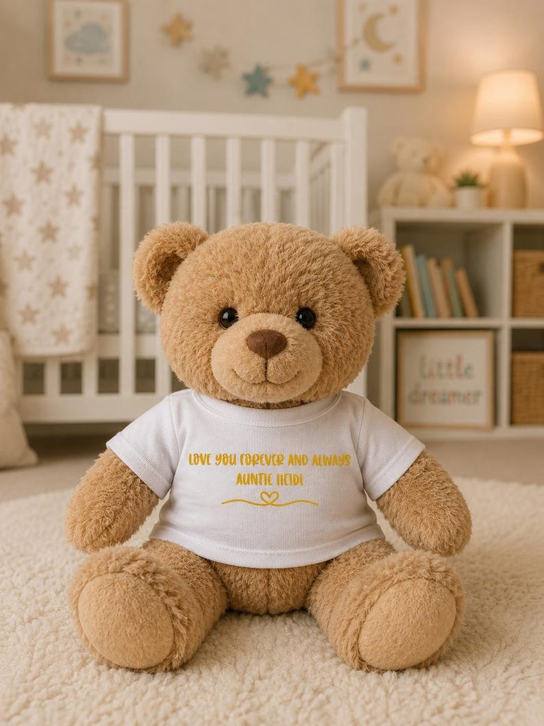 Puede incluir: Un oso de peluche de color marr&oacute;n claro sentado, que lleva una camiseta blanca con el texto amarillo "LOVE YOU FOREVER AND ALWAYS AUNTIE HEIDI" impreso en la parte delantera, junto a un peque&ntilde;o coraz&oacute;n amarillo y una l&iacute;nea decorativa.