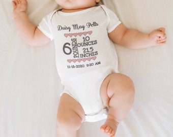 Super cute custom made personalised  Baby bodysuit vest Onsie.new baby gift.Baby birth stats.keepsake gift.baby announcement