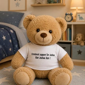 Puede incluir: Un oso de peluche de color marr&oacute;n claro con ojos oscuros y nariz marr&oacute;n oscuro. El oso lleva una camiseta blanca de manga corta con el texto impreso en negro: Emotional support for Joshua, Run Joshua Run!