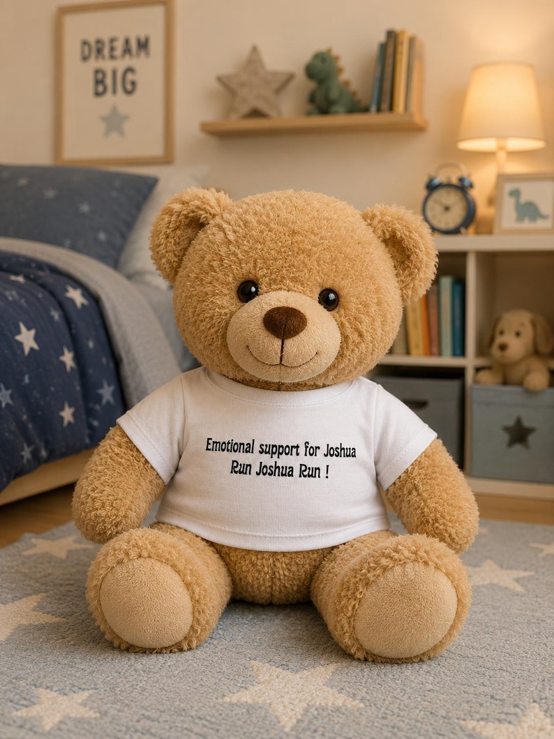 Puede incluir: Un oso de peluche de color marr&oacute;n claro con ojos oscuros y nariz marr&oacute;n oscuro. El oso lleva una camiseta blanca de manga corta con el texto impreso en negro: Emotional support for Joshua, Run Joshua Run!