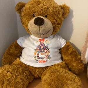 Puede incluir: Un oso de peluche marr&oacute;n que lleva una camiseta blanca. La camiseta presenta un gr&aacute;fico colorido de un castillo, personajes de dibujos animados y el texto Disney Trip 2026. El oso tiene pelaje texturizado, nariz marr&oacute;n y sonrisa cosida.