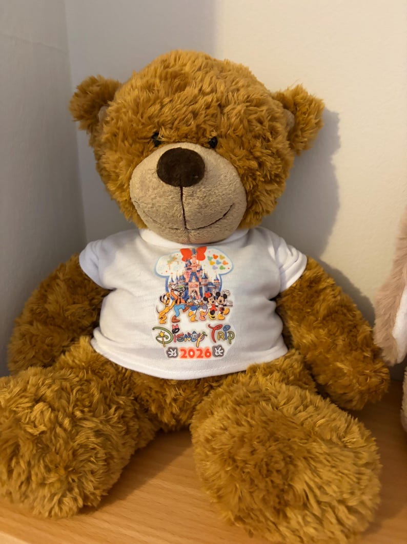 Puede incluir: Un oso de peluche marr&oacute;n que lleva una camiseta blanca. La camiseta presenta un gr&aacute;fico colorido de un castillo, personajes de dibujos animados y el texto Disney Trip 2026. El oso tiene pelaje texturizado, nariz marr&oacute;n y sonrisa cosida.