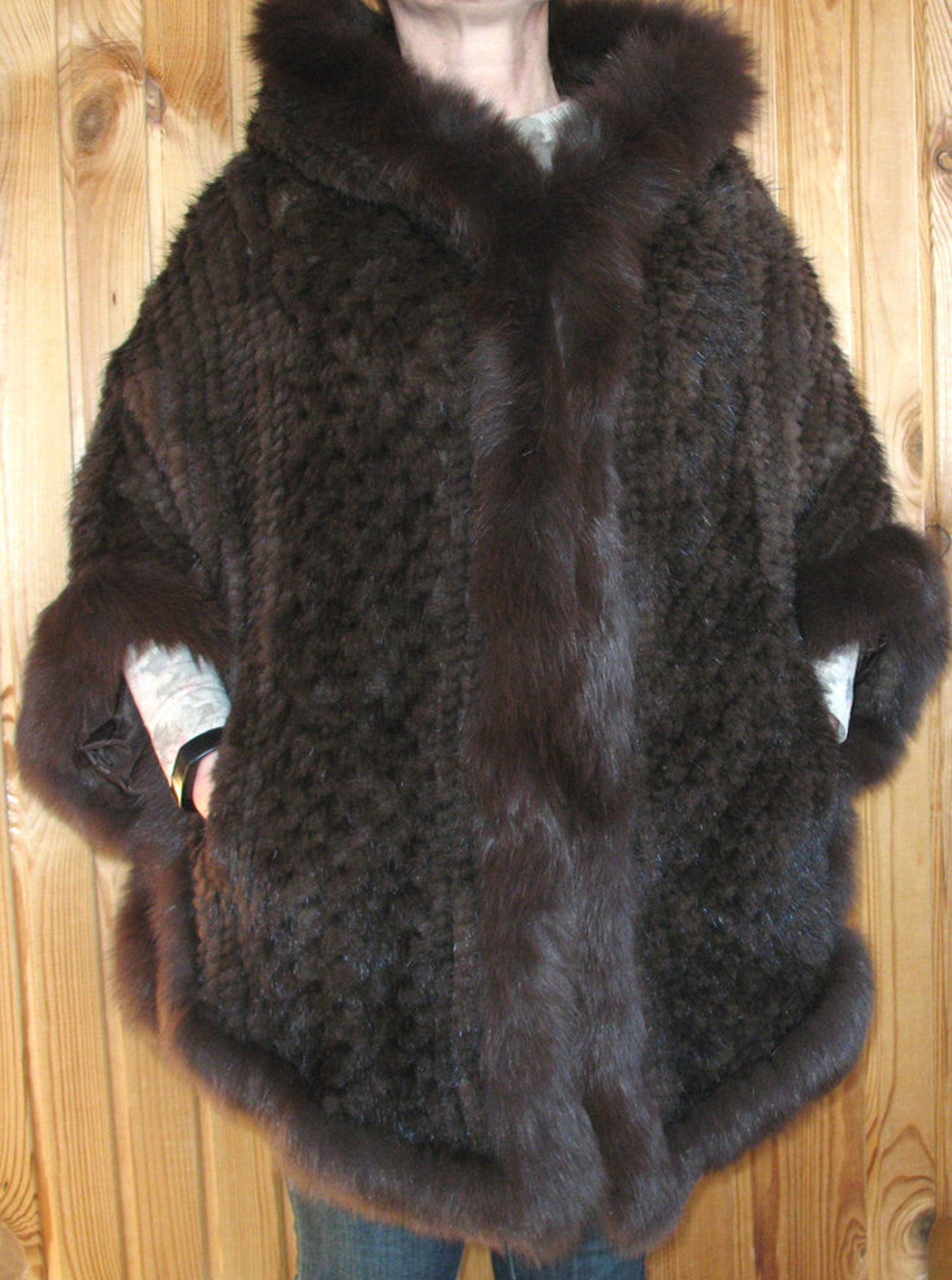 Amazing Natural Brown Knitted Mink Fur Cape/Poncho Dyed