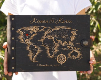 Adventure book, travel photo album with World Map, rustic wedding journal, personalized wood scrapbook