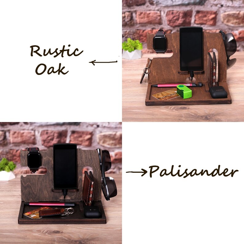 Pu&ograve; includere: Un supporto per telefono in legno con un telefono, un orologio, occhiali da sole e altri accessori. Il supporto &egrave; disponibile in due finiture: Rovere rustico e Palisandro.