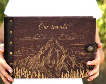 Adventure book, travel photo album with mountains landscape, personalized wood scrapbook, rustic wedding journal