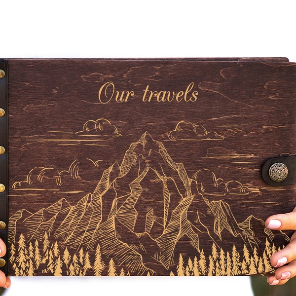 Adventure book, travel photo album with mountains landscape, personalized wood scrapbook, rustic wedding journal