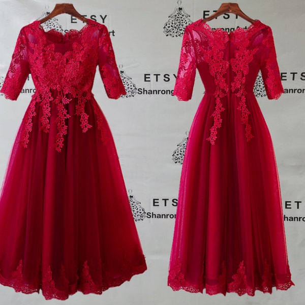 Fluffy Red Lace Tulle Appliques with 3/4 Sleeves Long Formal Evening Dress Women’s Prom Wedding Party Celebrity Graduation Dresses Gowns