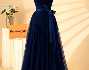 Vestido de fiesta de tul con tirantes finos y fruncido, vestido formal de noche con fajas, azul marino