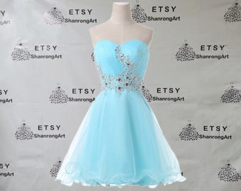 Sky Blue Organza Beaded Ruched A Line Short Custom Made Handmade Formal Evening Dress Bridesmaid Dresses Women’s Wedding Prom Party Gowns