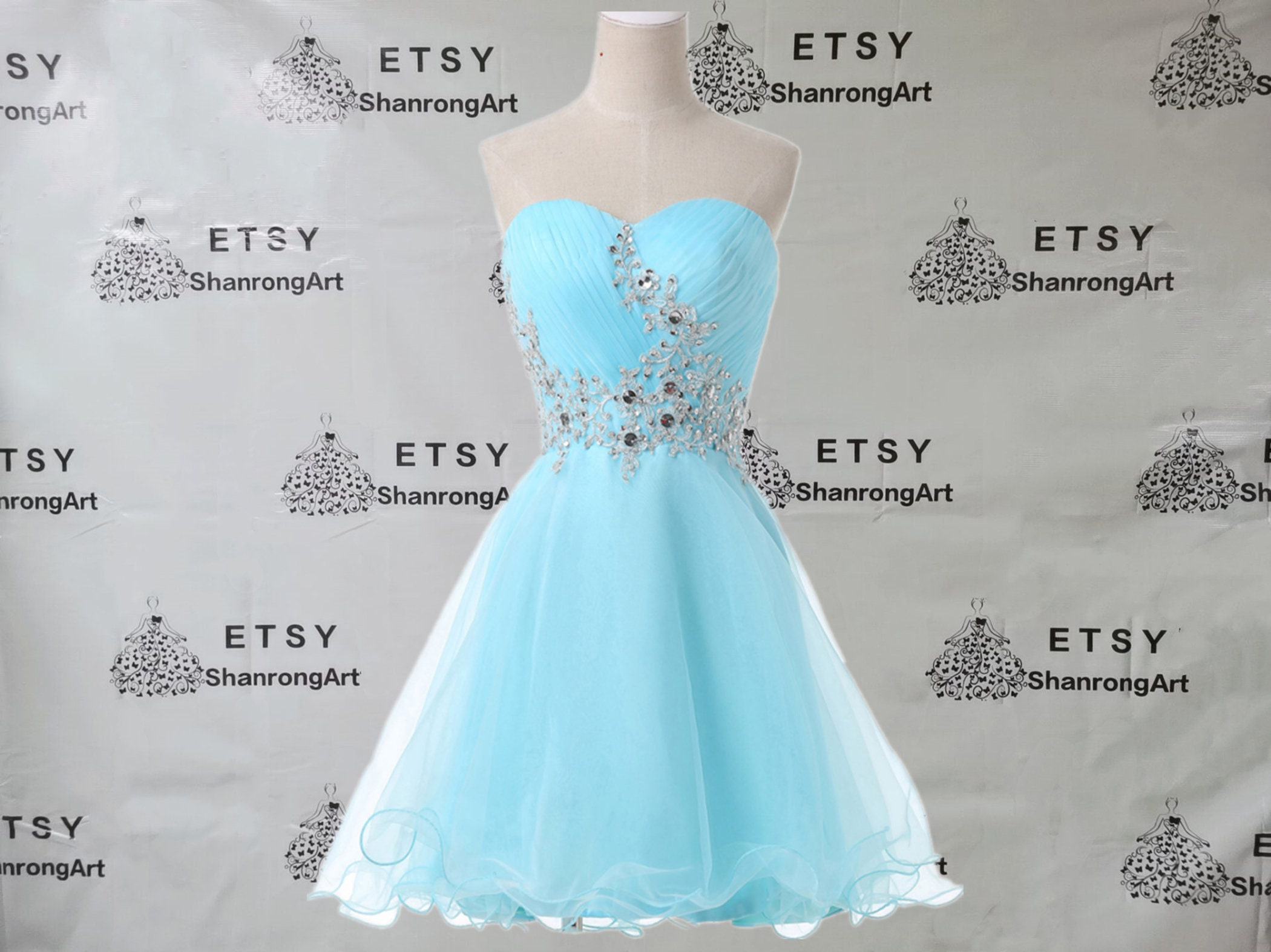 Light blue shop short bridesmaid dress