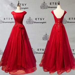 Luxury Red Tulle Appliques Crew Neck Open Back Custom Made Handmade Formal Evening Dress Women’s Prom Wedding Party Celebrity Dresses Gowns