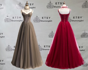 Vintage Grau Tüll A-Linie Knochen Perlen mit Ausschnitt Handgemachte Heimkehr Cocktail-formales Abendkleid-Frauen-Abschlussball-Hochzeitsfest-Kleider