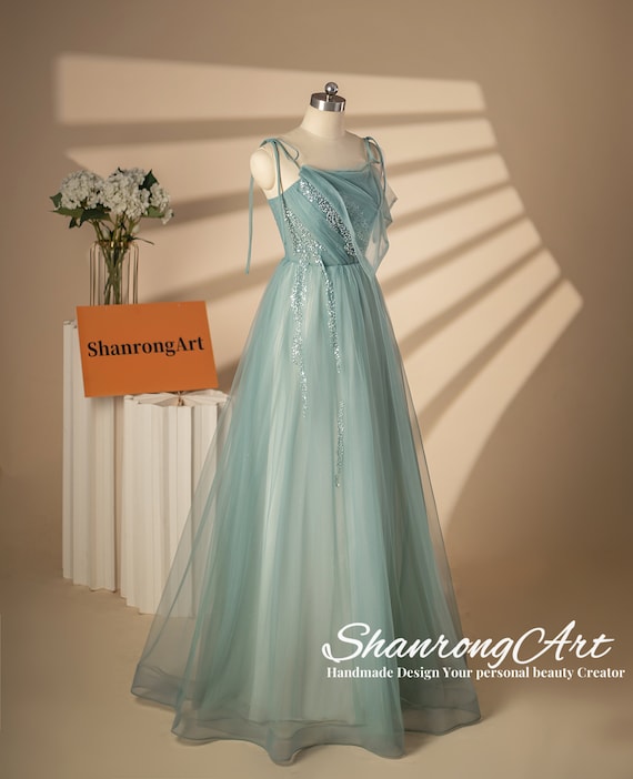 Green Tulle Formal Dress: Pearl Sequins, Pleated, A-Line