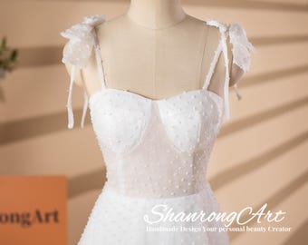 Sheer Dot Lace Wedding Dress, A-Line White Bridal Gown with Straps