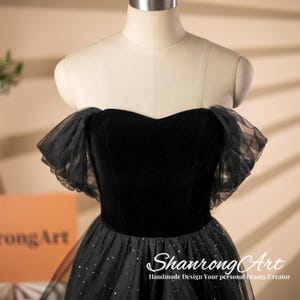 Handmade Tiered Formal Evening Dresses Women&#39;s Prom Wedding Party Dress Ball Gowns Vintage Black Sparkle Tulle Velvet with Off the Shoulder