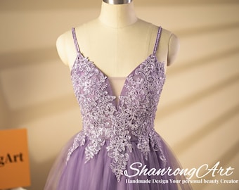 Handmade Tulle Prom Dress: Deep V Neck, Beaded Appliques
