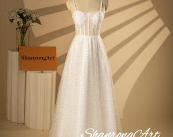 Handmade Ivory Sequin Tulle Wedding Dress, Sheer Neck Bridal Gown