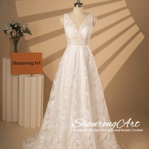 Ivory Fitted Leaf Lace Wedding Dress with Sheer V Neck, A Line Wedding Dress with Gorgeous Lace Pattern, Beach Bridal Gowns with Zipper Back
