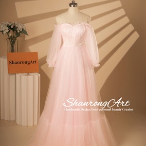 Pink Tulle Strapless Prom Dresses with Appliques, Long Fluffy Sleeves Formal Evening Dress, Off Shoulder Women’s Wedding Gown with Lace Up