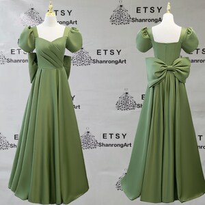 2024 Square Green Satin Big Bowknot Zipper Short Puffy Sleeves Long Formal Evening Dress Women’s Prom Wedding Party Bridesmaid Dresses Gowns