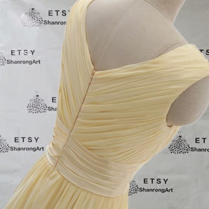 V Neck Yellow Pleated Ruched Chiffon Simple Long Custom Made Formal Evening Dress Bridesmaid Dresses Womens Wedding Prom Party Gown Sashes image 4