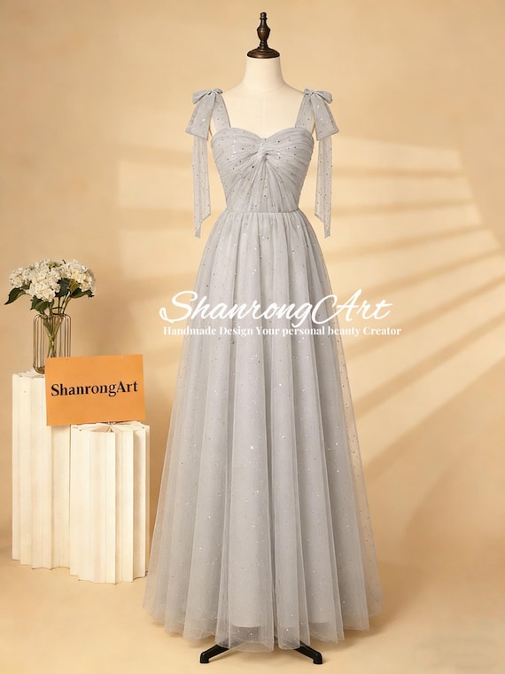 princess polly baby blue dress Sparkly Handmade Tulle Sequin Long Dress Bridesmaid/Wedding Guest/Prom/Evening Gown with Bow Shoulder Straps Lace-Up Back (Light Blue/Gray)