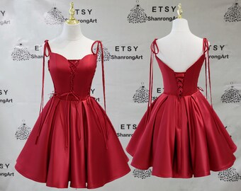 2024 Pretty Mini Lace Satin Straps Lace up Back Short Girl's Homecoming Dress Women’s Prom Wedding Party Cocktail Graduation Dresses Gowns